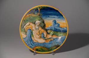 Bottega di Mastro Domenico, Venezia, 1550 circa, Piatto istoriato con Allegoria di un Fiume  Maiolica policroma